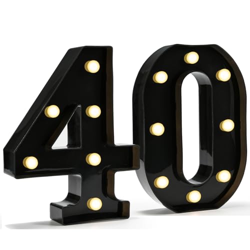 Pooqla Decorative Led Light Up Number Letters, Black Plastic Marquee Number Lights Sign for 40th Birthday Party Wedding Decor Battery Operated Black Number 40