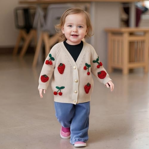 Qiylii Kids Baby Girl Cherry Strawberry Embroidery Cardigan Sweaters Button-Down Thick Knitwear Fall Winter Outwear3