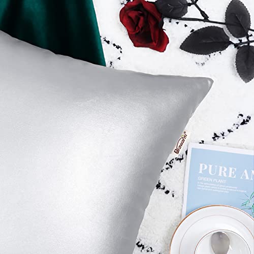 Image of BRAWARM Pack of 2 Cozy Throw Pillow Covers Cases for Couch Sofa Bed Solid Faux Leather Soft Luxury Cushion Covers Both Sides Home Decoration 20 X 20 Inches Silver