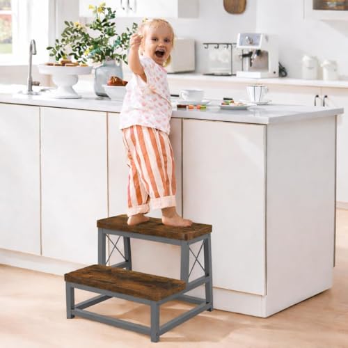 Image of 82984 Heavy Duty Wooden Step Stool for Adults, 2 Tier Heavy Duty Step Stool for High Bed with Non-Slip Feet, Using for Bedroom, Living Room, Bathroom and Kitchen (Grey)