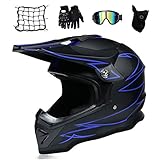 MRDEAR Casco Enduro Moto Hombre Negro Azul Casco Motocross Casco Cross para MX Quad Off Road ATV Scooter con Gafas/ Máscara/ Guantes/ Red Elástica, Forro Extraíble,L