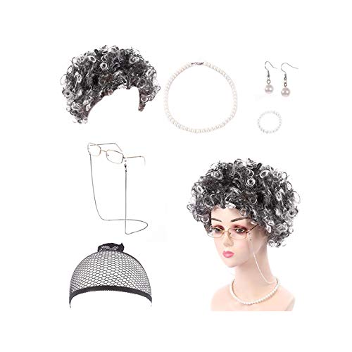Old Lady Cosplay Set Includ Granny Wig Cap Glasses Chain Cords Faux Pearl Bead Necklace Headgear Bracelet