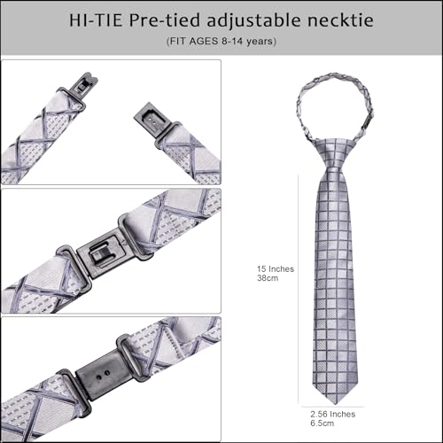 Image of Hi-Tie Boys Tie Pre-Tied Pocket Square Set Adjustable Kids Neckties Age 7-11 Years School UniForm Graduation