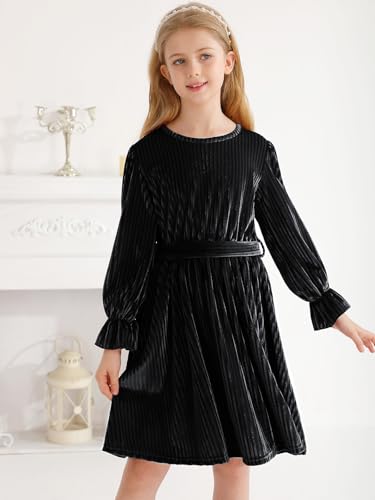 Patgoal Girls Velvet Dress Kids Long Sleeve Crew Neck Midi Fall Winter Vintage Festive Dress Teen Girl Christmas Party Dress2