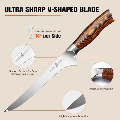 TUO Boning Knife Fillet Knife 7 inches Flexible Fish Knife German High Carbon Stainless Steel Kitchen Knife with Ergonomic Pakkawood Handle-Fiery Phoenix Series - immagine 6