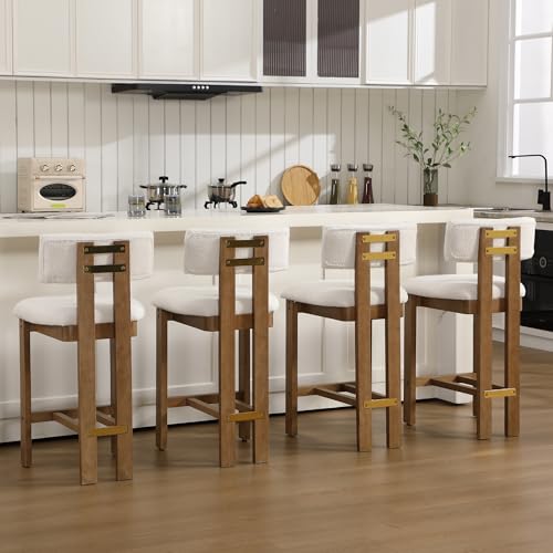 Image of BESTANO 26 inch Counter Stools Set of 4 Counter Height Bar Stools with Back and Solid Wood Legs Modern Farmhouse Sherpa Upholstered Kitchen Bar Stools Countertop Bar Chairs, White