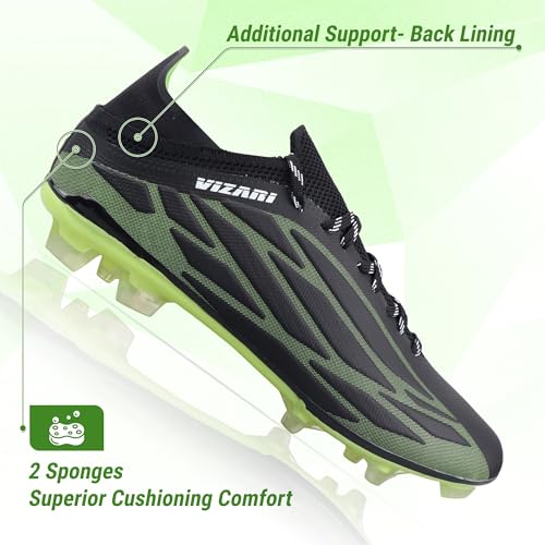 Vizari Provo FG Adult Soccer Cleats for Men & Women | Black/Lime Firm Ground Soccer Shoes | Wide Width Football Shoes for Outdoor Play | Transparent Studs Football Shoes for Better Traction2