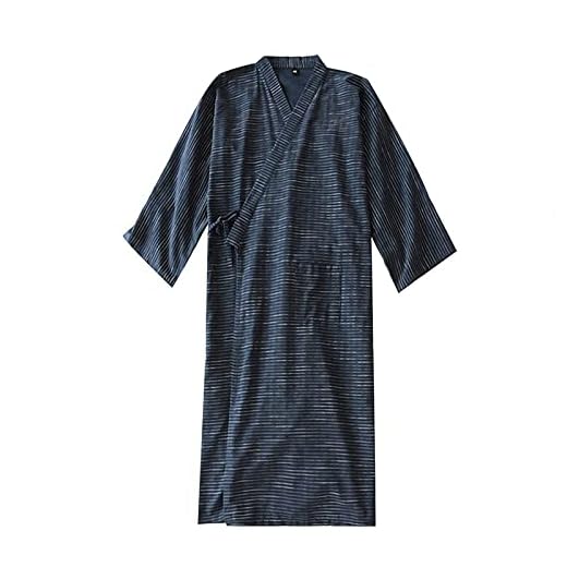 Ibluelover Roupão quimono masculino solto de algodão Yukata manga longa roupão de banho camisola Khan roupa de dormir pijama, Listra azul, Tamanho Único