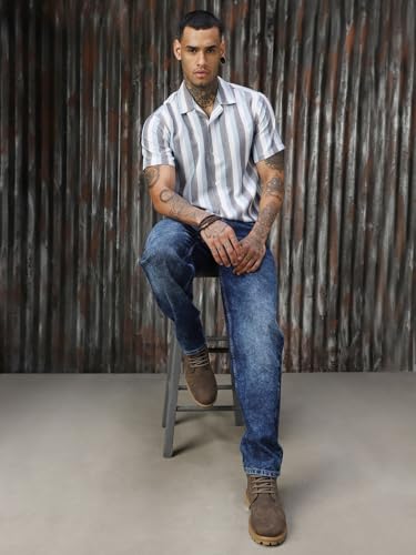 Image of High Star Men Strip Cotton Relaxed Fit Collar Short Sleeve Shirts 36