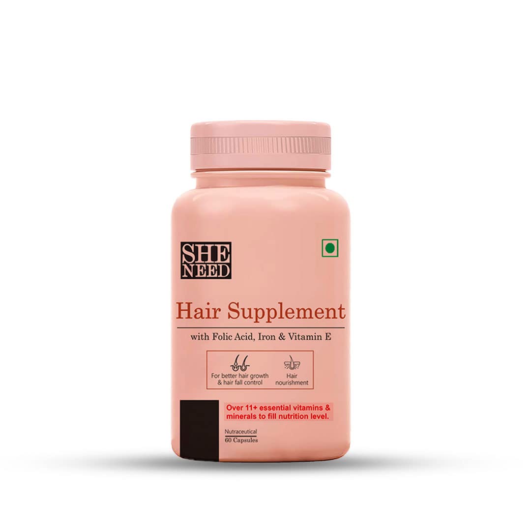 SheNeed Hair Supplement With 11+Nutrients, Vit-B9 & Vit-E for Hair Texture & Hair Fall Control | Nourishes Scalp & Hair | Maintains Eye Health | Promotes Helthy Skin | Essential Nutrition | Natural DTH Blocker | Helathy skin & Hair - 60 Capsules