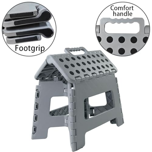 Image of Folding Stool Step Down Footstool With Carry Handle Compact Foldable Foot Stool DIY Footstool Ladder MAX Weight 150KG (Grey)