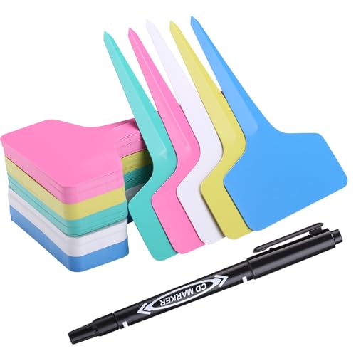 GWHOLE 100 PCS Plant Labels with Marker Pen Set,Greenhouse Accessories Waterproof T-Type Tags in 5 Color for Outdoor Garden Nursery Flower Seed Herb,Potted Slate Plants