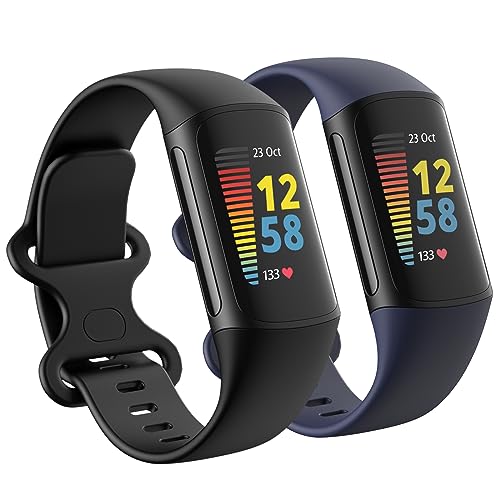 Paquete de 2 correas impermeables compatibles con Fitbit Charge 5 para mujeres y hombres, pulseras clásicas de repuesto deportivas suaves para mujeres y hombres (grande de 7.1 a 9.1 pulgadas,