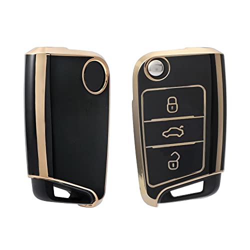 Image of Keyzone TPU car Key Cover and Keychain Compatible for Skoda Slavia, Kodiaq, Kushaq, Karoq, Octavia 3 Button flip Key (Gold Black with Gold Black KZ Keychain)