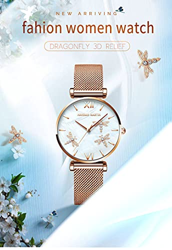 Dragonfly Women Watches,Crystal Diamond Dial,Pearl Texture Big Watch Face,Vacuum Plating Stainless Steel/Genuine Leather Band,Japanese Quartz,Waterproof,Rose Giftable Packing For Women Ladies Girls #TOP1