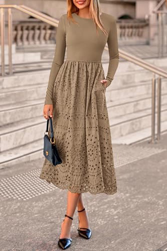 dowerme Women Spring Dresses 2026 Casual Long Sleeve Crewneck A-Line Boho Eyelet Cotton Maxi Wedding Guest Dress Pockets(Khaki,Small) — view 6
