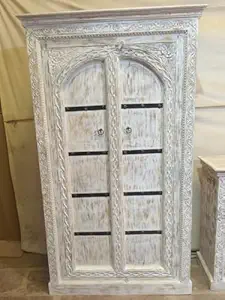 Nazar Art & Craft Solid Wooden Handcarved Almirah | Wardrobe with 2 Door & Shelf Storage for Living Room, Bedroom, Hotel & Home, White Distress Finish, (117 x 45 x 204cm)