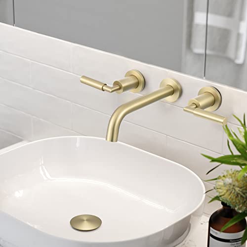 RBROHANT Gold Wall Mount Faucet with Pop up Drain Set for Sink Without Overflow, Brushed Gold Dual Handle Wall Mounted Bathroom Sink Faucet, Brass Rough-in Valve Included, RB0736D by RBROHANT - Used condition - Image 2