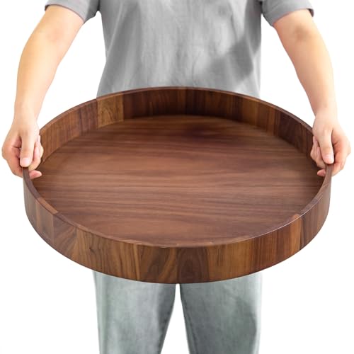 LOCDION 20 Inch Round Black Walnut Wood Serving Tray with Handles,Premium Large Ottoman Tray for Serving Coffee,Tea,Breakfast,Versatile Wood Decorative Tray Coffee Table Tray Cheese Board