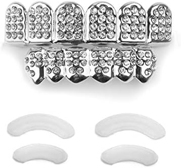 24K White Gold Teeth Grillz CZ Diamond Gold Set Hip Hop Bling Iced Out Grillz For Son + Extra Molding Bars + Microfiber Cloth