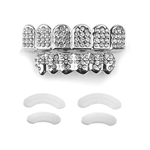 24K White Gold Teeth Grillz CZ Diamond Gold Set Hip Hop Bling Iced Out Grillz For Son + Extra Molding Bars + Microfiber Cloth Cover