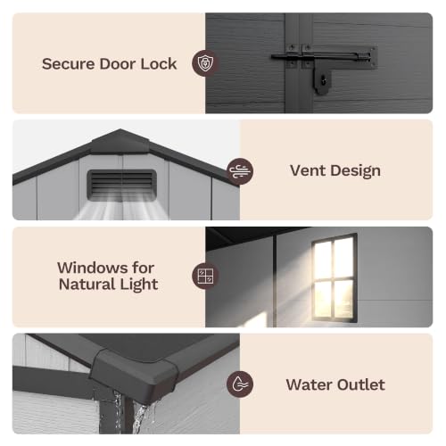 Image of Patiowell 8x8 FT Resin Outdoor Storage Shed with Floor, Large Plastic Clearance Sheds with Lockable Door, Garden Tool Shed with Window for Backyard, Patio Storage, Light Gray