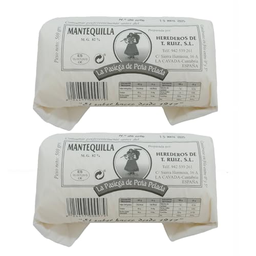 LA PASIEGA DE PEÑA PELADA Mantequilla Artesanal, PACK DE 2 Rulos de 500 gr (aprox) en Papel Sulfurizado, 82% Materia Grasa, Sabor Tradicional y Natural - Origen Cantabria