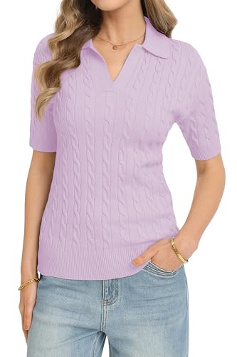Image of QUALFORT Cable Knit Women's Short Sleeve Sweater Soft V Neck Polo Tops