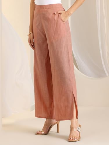 Image of Libas Woven Design Cotton Blend Straight Kurta with Palazzo and Dupatta