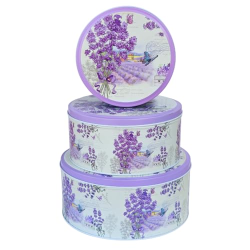 Pack of 3 Stackable Round Metal Tin Containers with Lids – Multipurpose Tins for Cookies, Candies, Kitchen Storage & More | Thoughtful Gift for Women's / Mother's Day – Elegant Lavender Flower Design