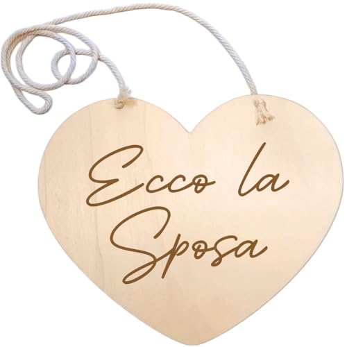 nagu® Cartello Benvenuto Matrimonio Cuore Legno 35x30 cm | Targa Personalizzata con Frase Ecco la Sposa | Photobooth Matrimonio con Cordoncino Cotone | Decorazione Entrata Sposa