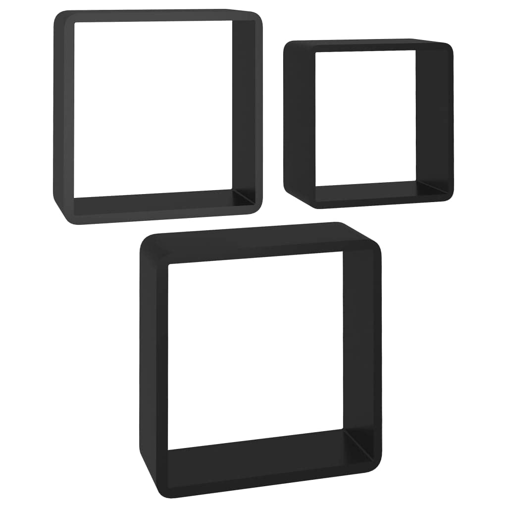 Scaffalature, mensole da parete e sporgenze, mensole cubiche da parete, 3 pezzi, in MDF nero