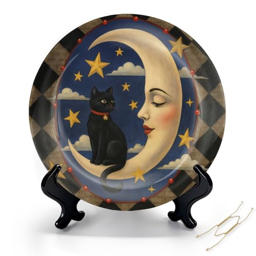 FUIENCFKE Decorative Plates for Display 10" Black Cat Sitting Crescent