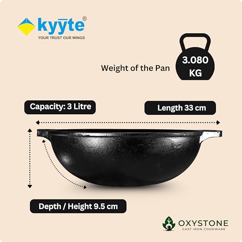 Image of kyyte OxyStone Pre-Seasoned Cast Iron Kadhai with 2 Loop Handle 26 cm Dia,3 Liter Capacity,Naturally Nonstick Cast Iron Kadai, 100% Pure and Toxin-Free,No Chemical Coating,Gas,Induction,OTG Friendly.