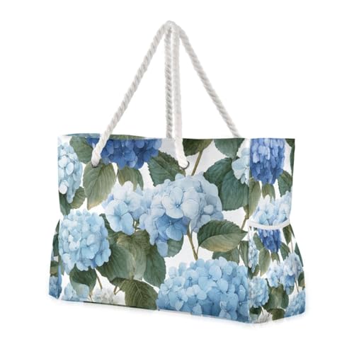 OTVEE Beautiful Hydrangea Flowers Pattern Beach Bags for Women Ladies Large Canvas Tote Shoulder Bag Waterproof Travel Bags for Gym Swim Pool Camping