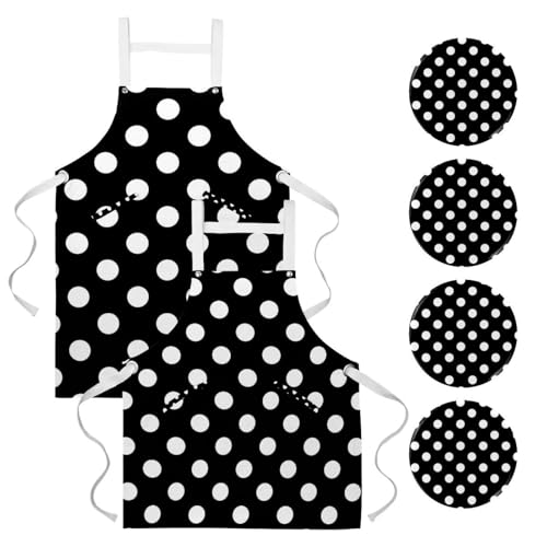 Tabliers de cuisine réglables lot de 2 avec grandes poches noir à pois
