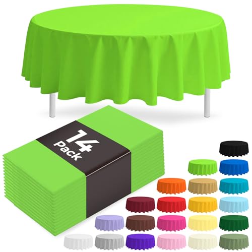 JSQBSECL 14 Pack Lime Green Plastic Table Cloth 84in Disposable Round Plastic Table Cover for Parties (Lime Green, 84" Round)