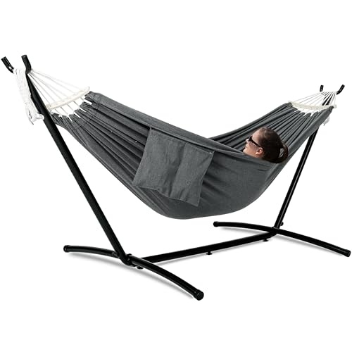 Image of GAFETE Double Hammock with Stand for Outside, Upgraded Spreader Bar, Heavy Duty Space Saving Steel Stand 2 Person, Side Pocket, Easy Assembly, 600lbs Weight Capacity, Indoor & Outdoor (Dark Grey)