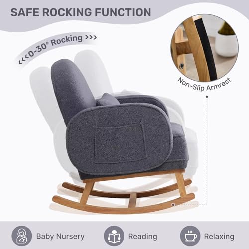 Image of Nursery Rocking Chair with Ottoman, Upholstered Glider Rocker with High Backrest and Side Pocket, Rocking Accent Armchair with Solid Wood Legs for Nursery, Living Room, Bedroom Dark Grey