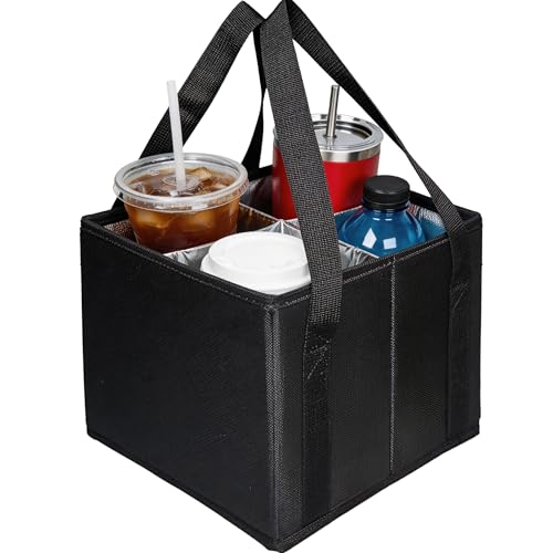 COMFORTKEEPER Reusable Drink Carrier with Handle Insulated Drink Holder Bag with Adjustable Dividers 600D Oxford Fabric Cup Carrier Drink Caddy for Delivery Car Coffee & Beverages 4 Cups