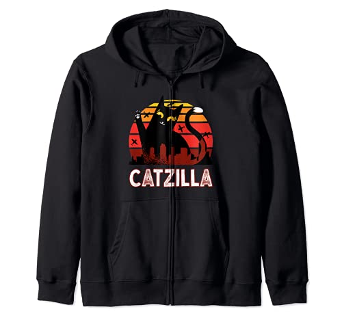 Vintage Catzilla Japonais Coucher de Soleil Style Chat Amant Sweat à Capuche Cover