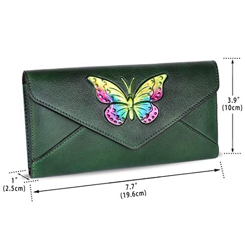 Genuine Leather Wallets for Women RFID Blocking Purse Vintage All in One Organizer Handmade Long Wallet Luxury Clutch (Green)3