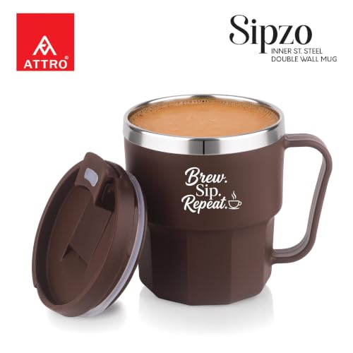 Image of ATTRO Sipzo Double Wall Inner Steel Coffee Mug, 350ml, Microwave Safe, Stainless Steel Inner, BPA Free Food Grade Outer, Leakproof Lid with Dust Cover, Wide Mouth, Office & Travel Mug-Brown