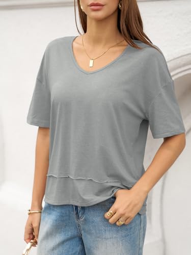Image of UNCLECAT Womens V Neck T Shirts Summer Trendy Loose Fit Casual Tops Tees | Short sleeve, Spliced hem, Flowy graphic tees,Solid color cute basic t-shirts