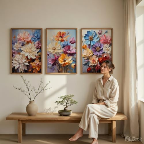 Image of Livin'luxe Colorful Floral Wall Painting Set of 3 with Wooden Frames | Modern Flower Bouquet Artwork HD Sparkle Laminated MDF Wall Decor | Botanical Wall Art for Living Room Bedroom