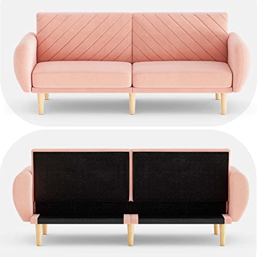 Ttgieet 77" W Futon Sofa Bed, Mid Century Modern Loveseat, Convertible Sleeper Sofa Couch With Wide Armrests, Velvet Small Couches For Living Room, Bedroom, Apartment, Home Office (Pink) #TOP3