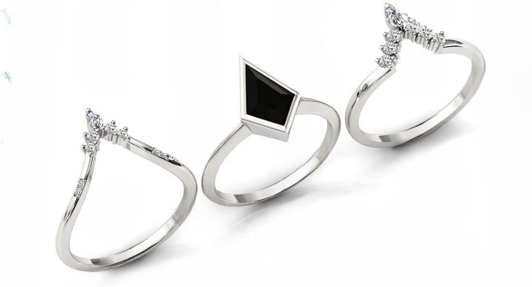 Antique Kite Shaped Natural Gemstone Engagement Ring Set Vintage Gemstons Wedding Ring Set Art Deco 3 piece Bridal Ring Set Anniversary Ring Set