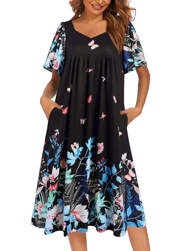 Image of Ekouaer Women's House Dress - Pleated Nightgown with Short Sleeves & Pockets