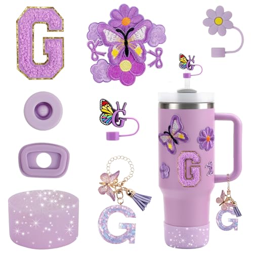 15PCS Cup Accessories Set for Stanley Cup 30oz 40oz Tumbler with Handle, Including Silicone Straw Cover and Boot, Spill Proof Stopper, Stanley Charms, Handle Charm, Initials Sticker (Letter G, Purple)