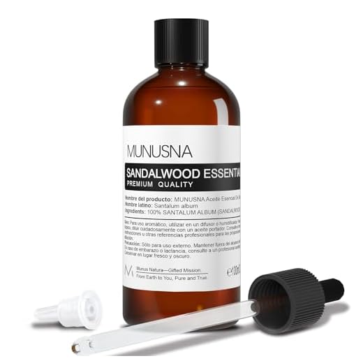 Aceite Esencial Sándalo 100ML, MUNUSNA Aceites Esenciales Naturales Puros para Humidificador, Difusor, Masaje, Aceite de Madera de Sándalo para Estado de Ánimo Relajado, Sandalwood Oil